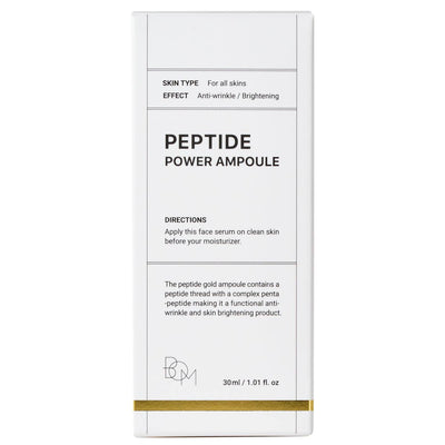 Gold Peptide Power Ampoule box for anti-wrinkle and brightening skincare, 30ml bottle size