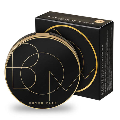 BOM Cover Flex Cushion foundation compact with black and gold design and packaging