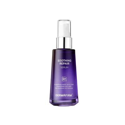DERMAFIRM Soothing Repair Serum R4 in purple bottle with pump, hydrating and repairing sensitive skin, 30ml.