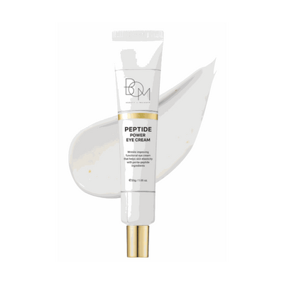 Peptide Power Eye Cream tube with white cream background, anti-aging eye care with peptides and gold for fine lines and wrinkles