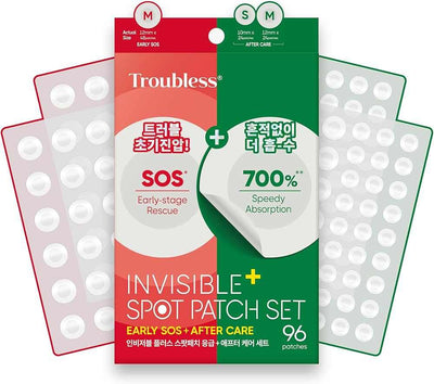 Troubless Invisible+ Spot Patch Set with 96 ultra-thin matte acne patches for early SOS and after care