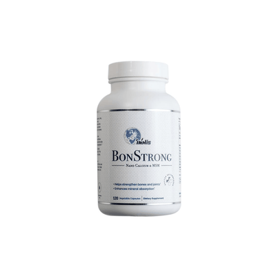 Bottle of BonStrong Nanotechnology Calcium supplement with MSM and vitamins for bone and joint health