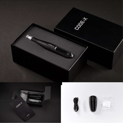CODE-X Microneedling Pen professional-grade device in black sleek packaging with accessories for precise skin rejuvenation and collagen stimulation.