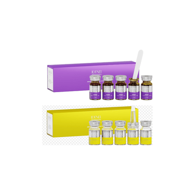IDENEL PEPTAXEL anti-aging and brightening skincare vials set with purple and yellow packaging for advanced skin rejuvenation and repair