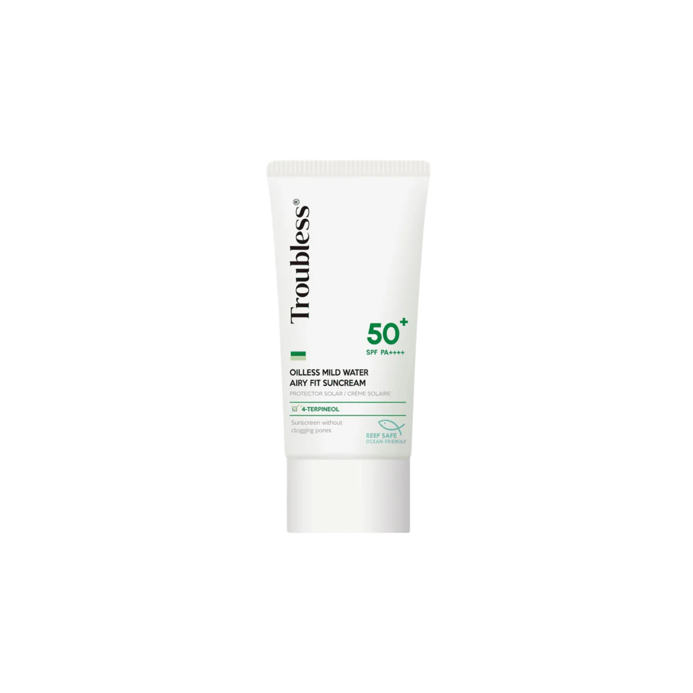 Troubless Water-Glow Sunscreen SPF 50+ PA++++ in 77ml tube for acne-prone skin, lightweight and non-sticky with UV protection.