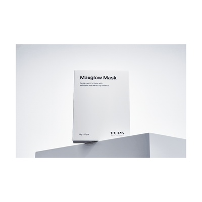 TUPS High Performance Maxglow Mask box with 18g x 10 facial peel-off masks for exfoliation and radiant skin.