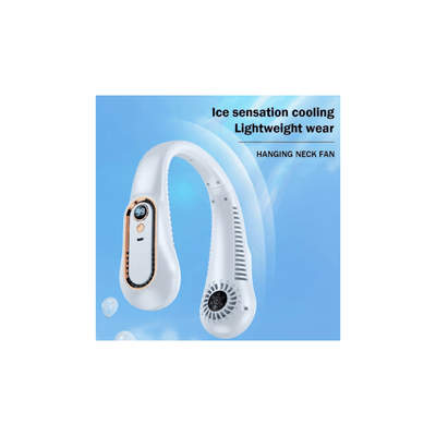 USB rechargeable neck fan with 5-speed adjustable settings and ice sensation cooling for lightweight, comfortable wear.