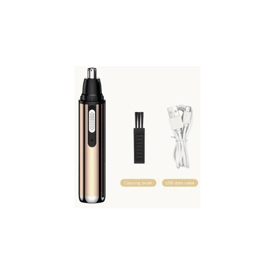 Electric nose and ear hair trimmer with stainless steel head, USB rechargeable, waterproof, includes cleaning brush and USB cable.