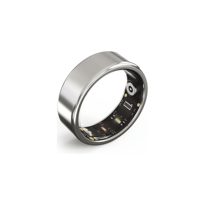 Silver smart ring with military-grade titanium steel shell and health monitoring sensors interior