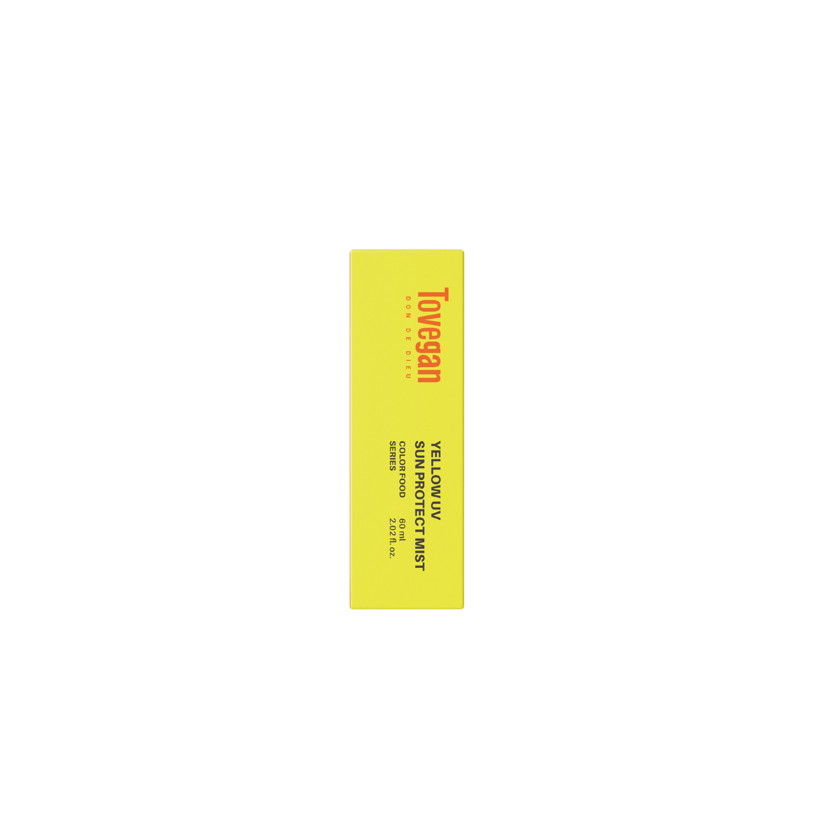 Yellow rectangular bottle of Tovegan Yellow UV Sunprotect Mist sunscreen with SPF50++ PA+++ protection.