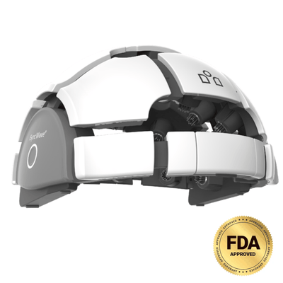 AI-powered EEG brainwave analysis headset with FDA approval and integrated NIR photobiomodulation therapy.