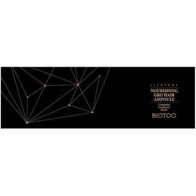 BIOTOC Nourishing Gro Hair Ampoule packaging with gold geometric design and product name on black background