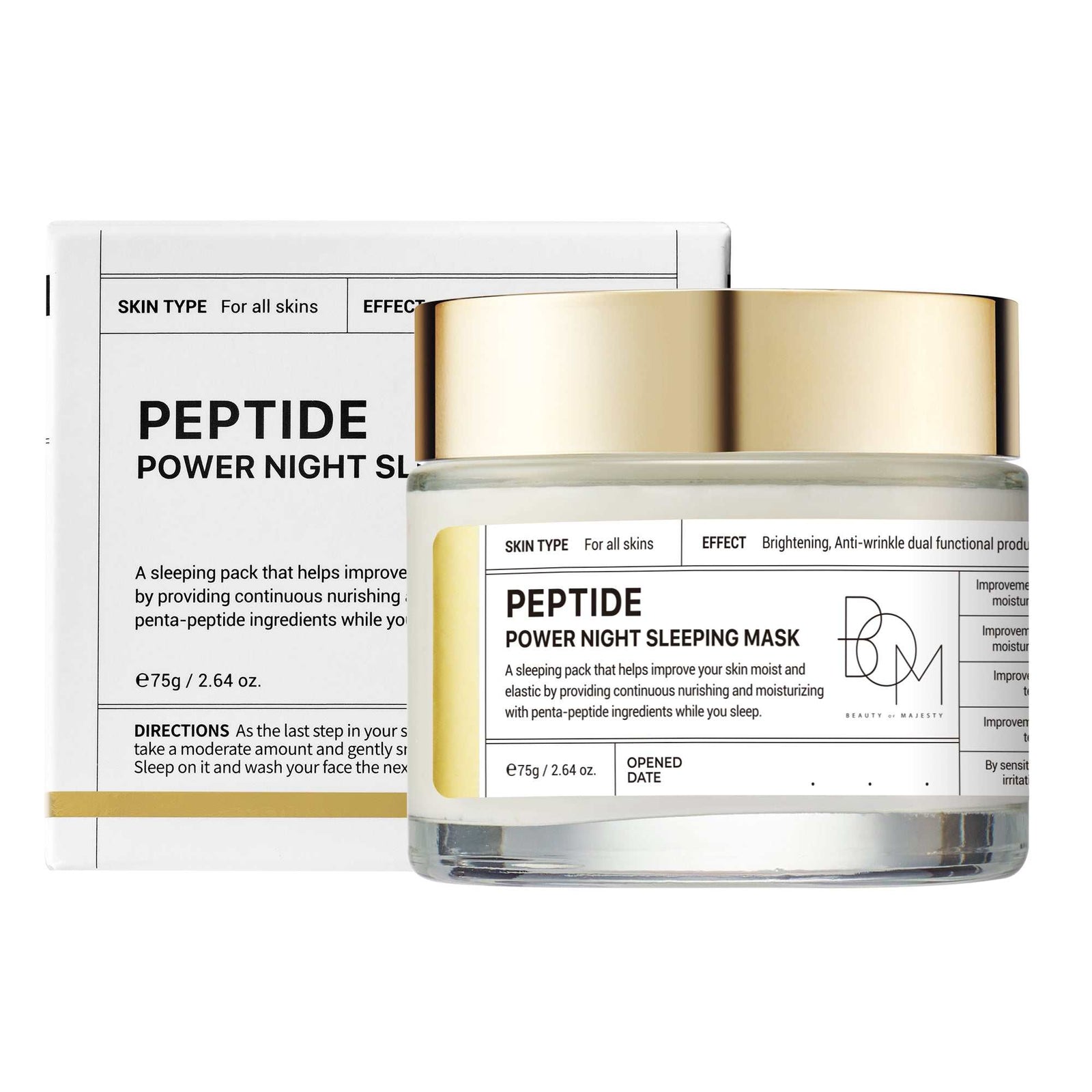 Gold PEPTIDE Power Night Sleeping Mask jar with gold lid and white box, anti-aging hydrating night cream for all skin types