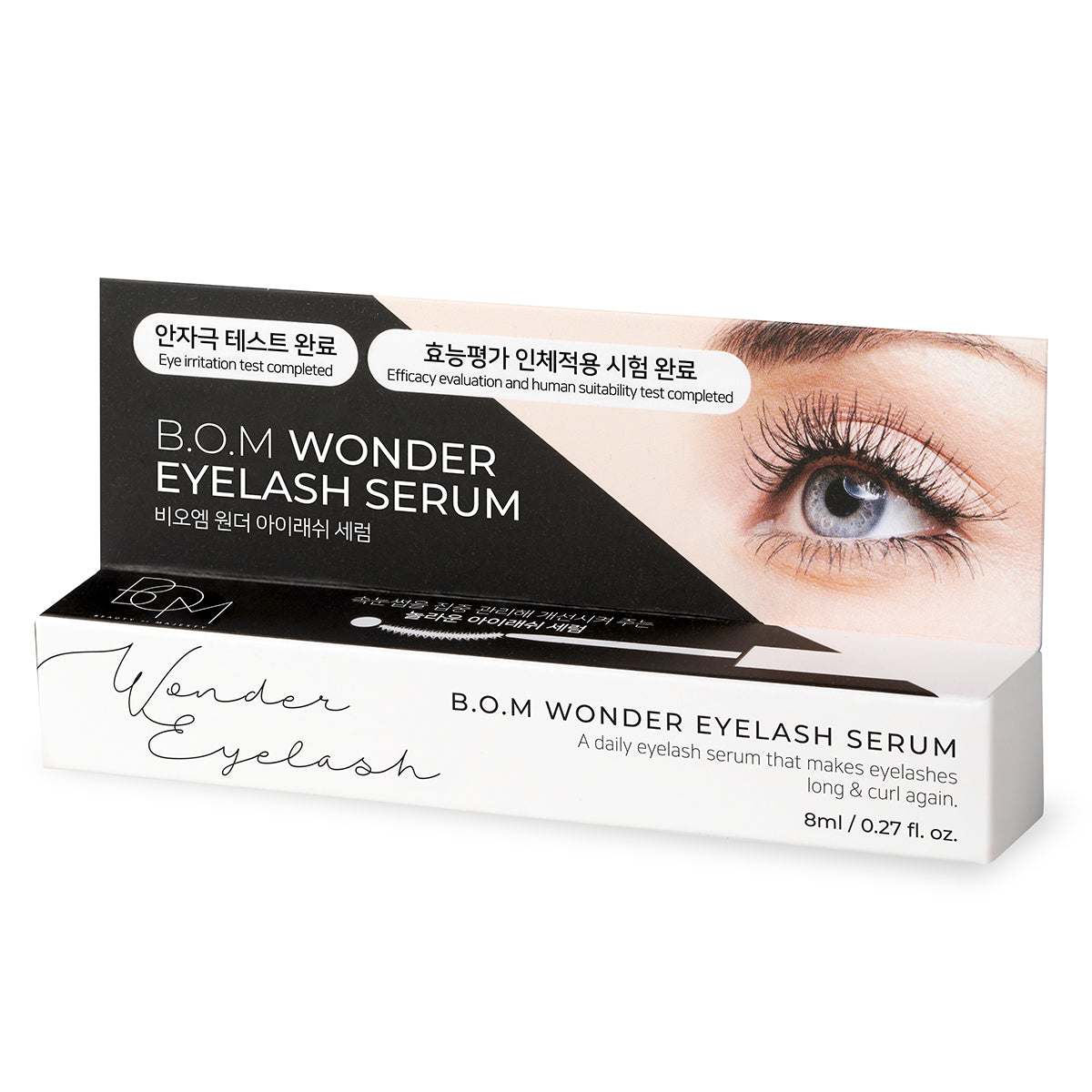 B.O.M Wonder Eyelash Serum 8ml box with eyelash close-up for longer, fuller lashes