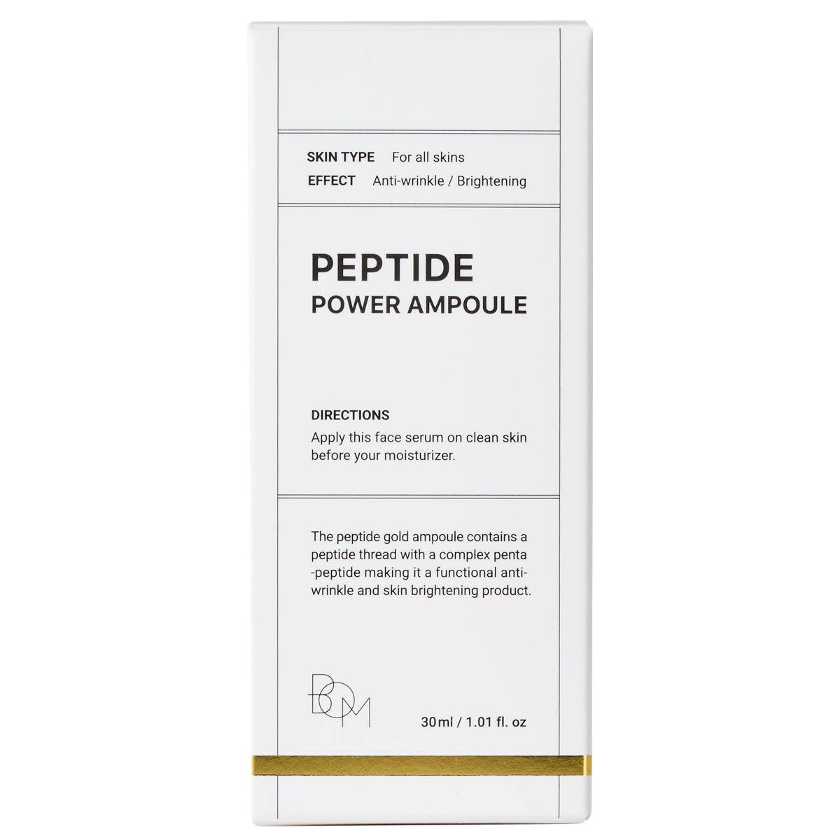 Gold Peptide Power Ampoule box for anti-wrinkle and brightening skincare, 30ml bottle size
