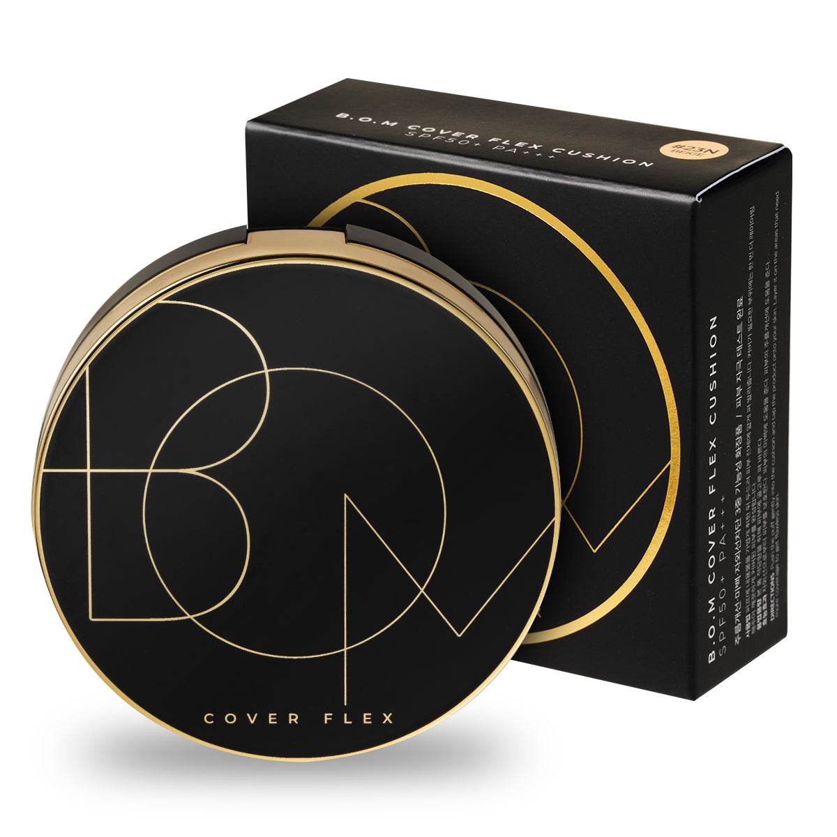 BOM Cover Flex Cushion foundation compact with black and gold design and packaging