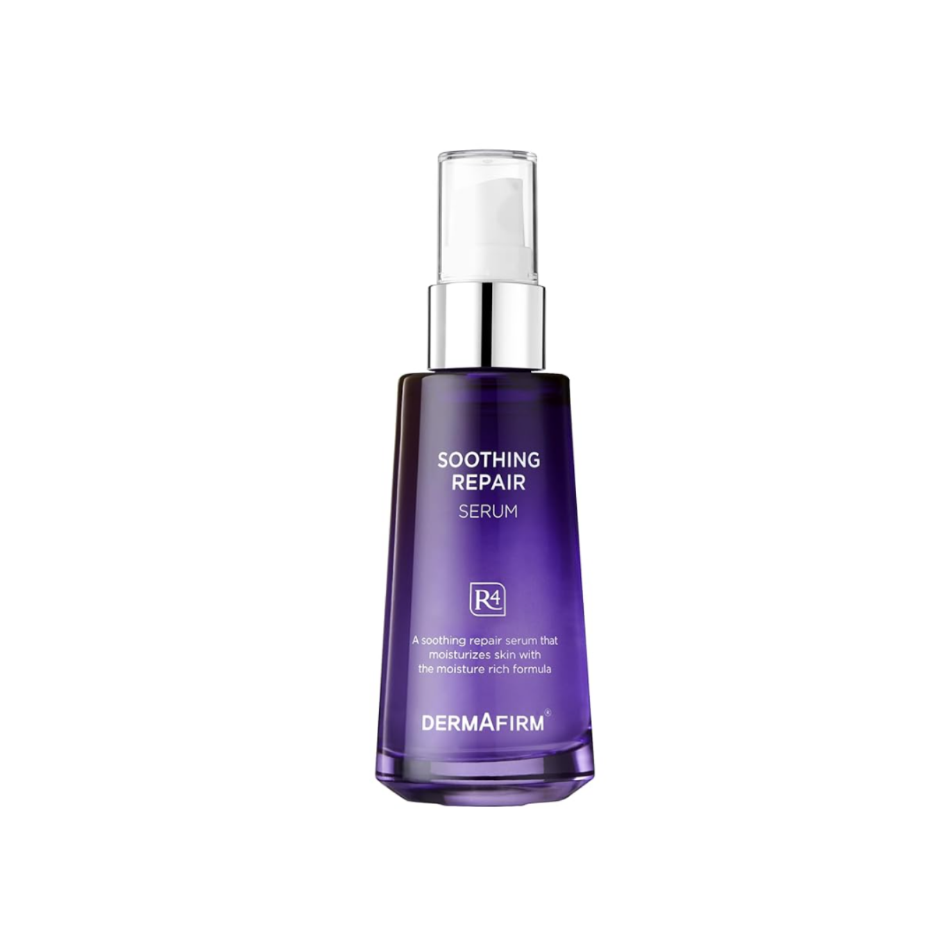 DERMAFIRM Soothing Repair Serum R4 in purple bottle with pump, hydrating and repairing sensitive skin, 30ml.