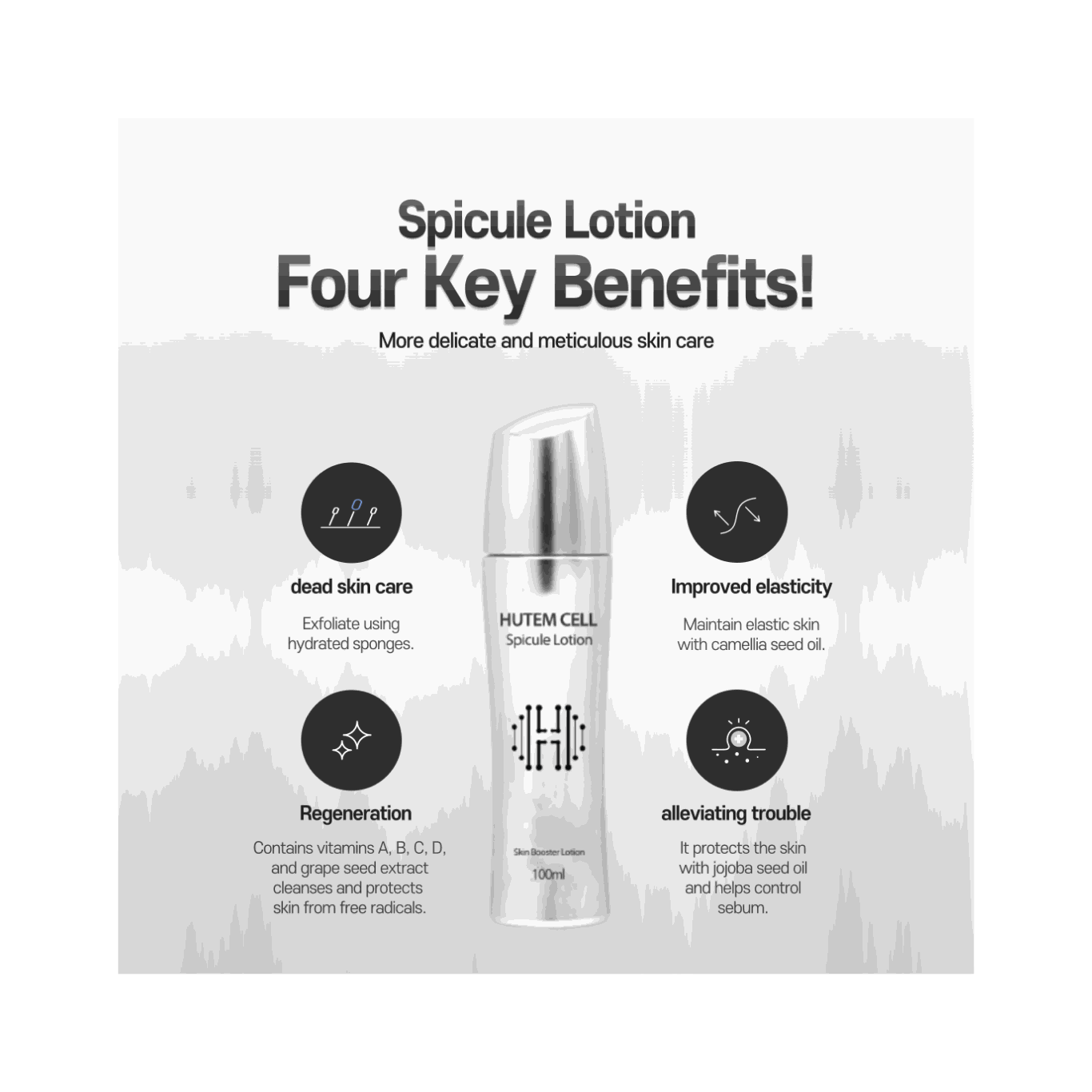 Hutemcell Spicule Lotion 100ml for skin regeneration, exfoliation, improved elasticity, and sebum control with marine spicules and natural oils.