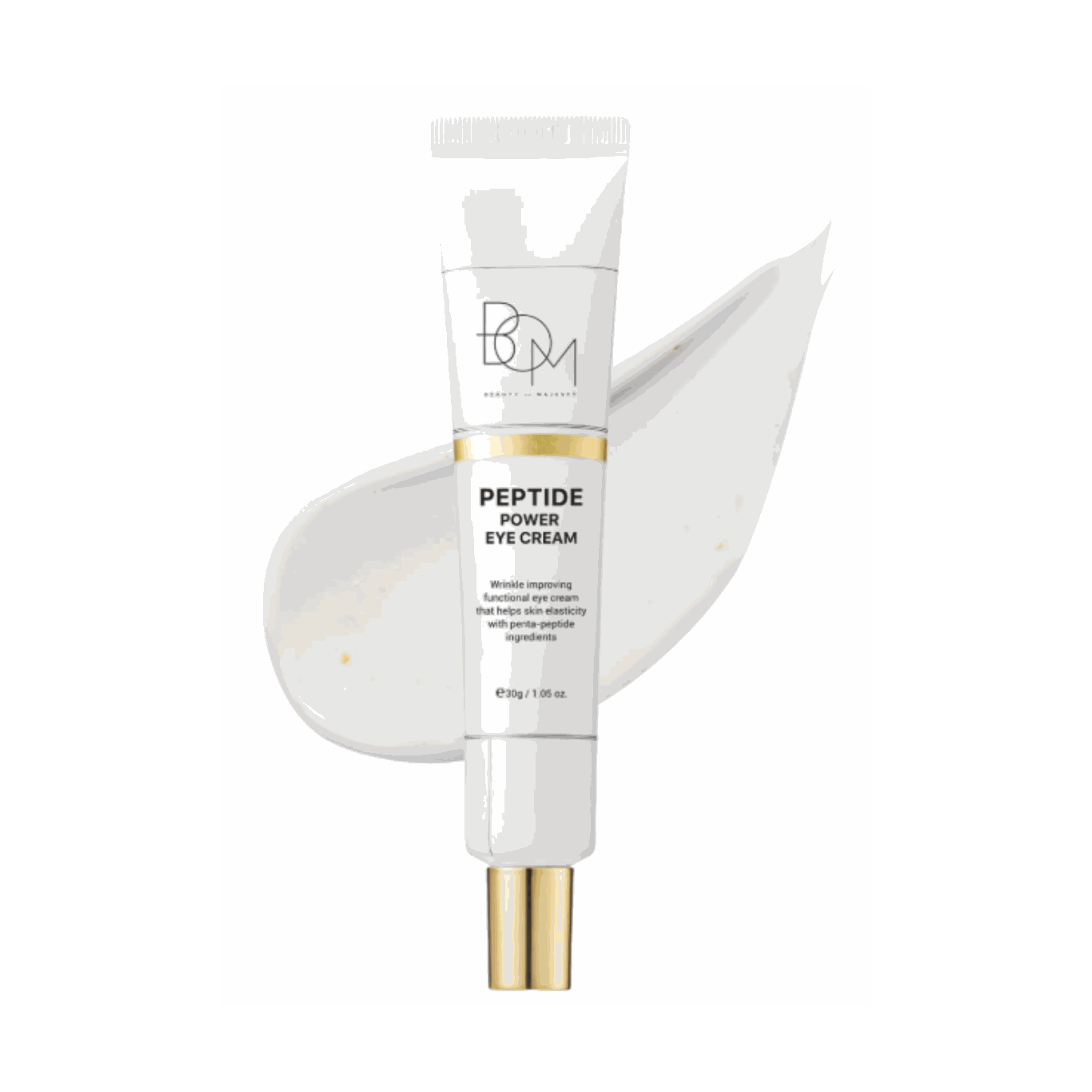 Peptide Power Eye Cream tube with white cream background, anti-aging eye care with peptides and gold for fine lines and wrinkles