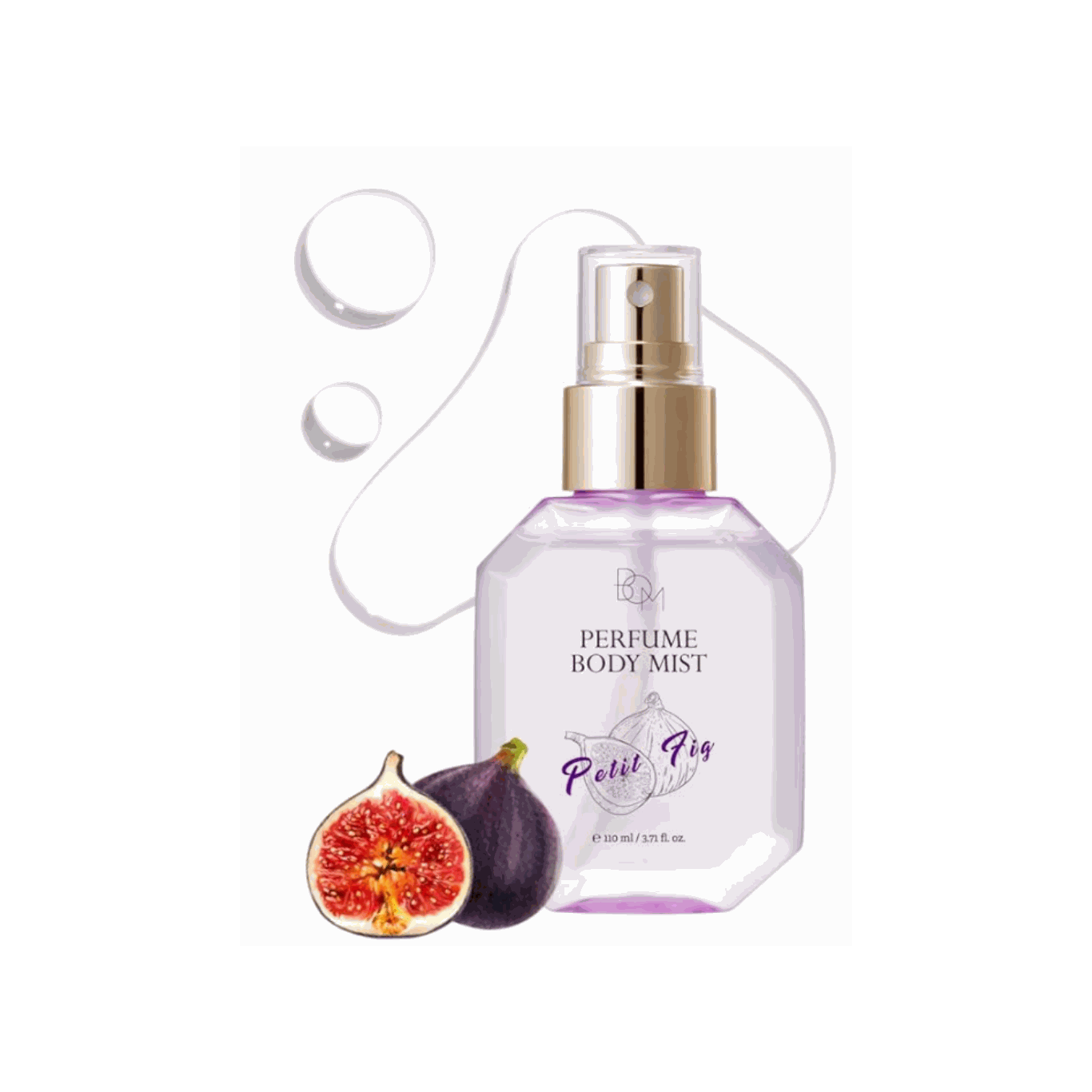 110ml Perfume Body Mist Petit Fig with fig and apple scent, hydrating formula, and gold spray nozzle