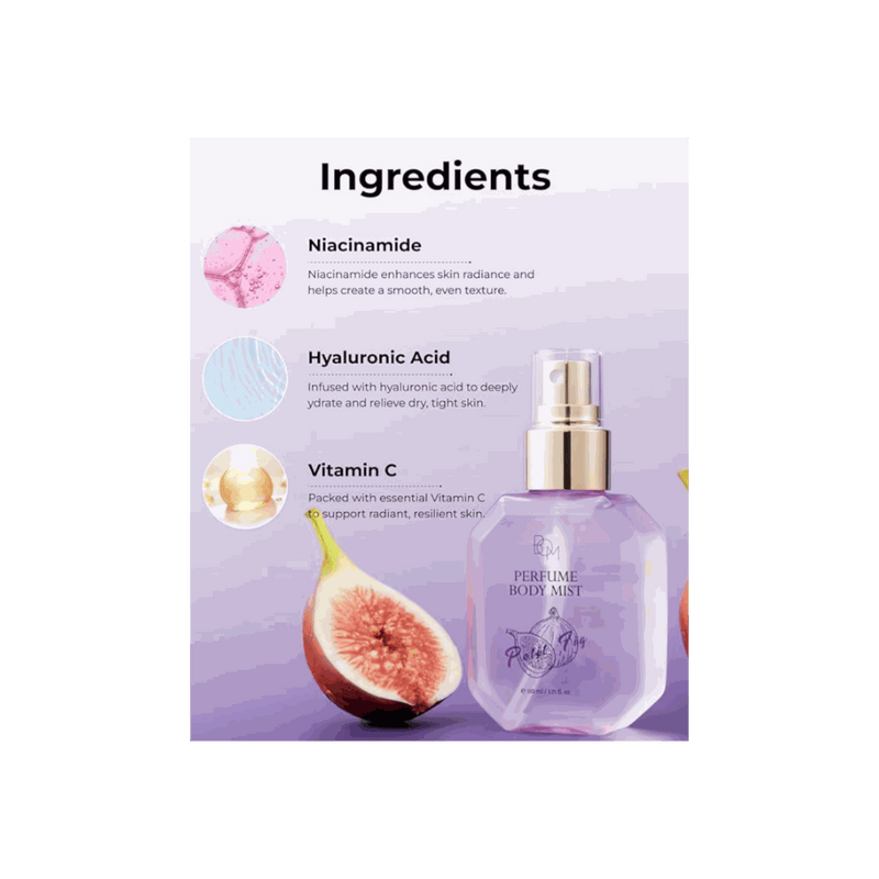 110ml Perfume Body Mist Petit Fig with fig and apple scent, hydrating formula, and gold spray nozzle