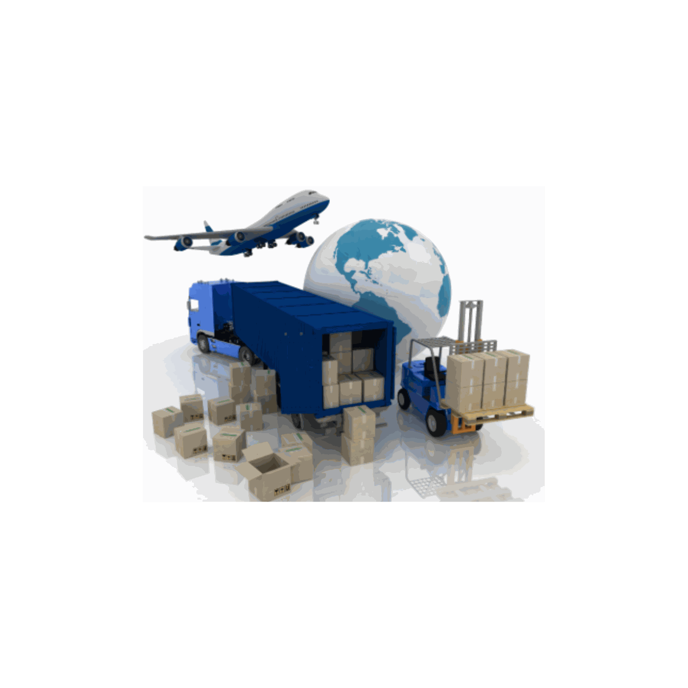 Shipping purpose only logistics with airplane, truck, forklift, and packages around globe