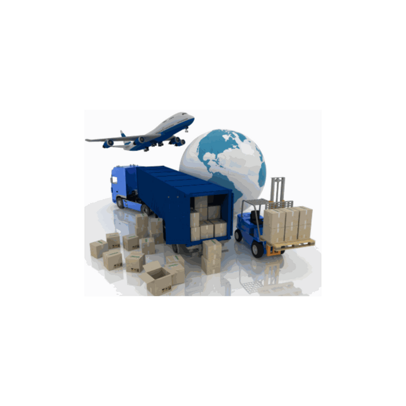 Shipping purpose only logistics with airplane, truck, forklift, and packages around globe
