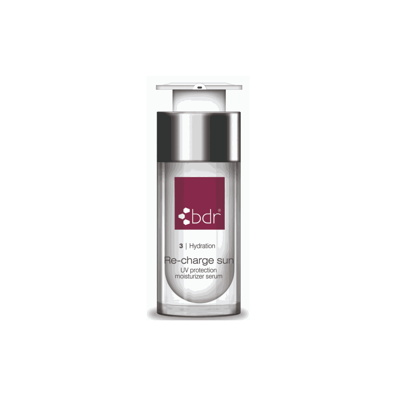 Re-Charge Sun Serum SPF 30 bottle with UV protection, hydration, and repair moisturizer serum
