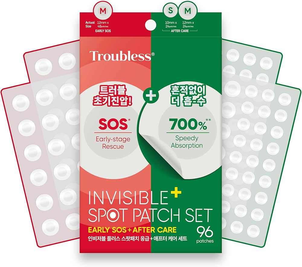 Troubless Invisible+ Spot Patch Set with 96 ultra-thin matte acne patches for early SOS and after care