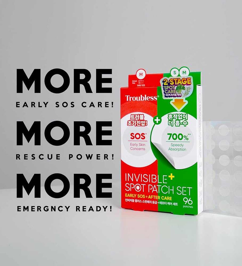 Troubless Invisible+ Spot Patch Set with 96 ultra-thin matte acne patches for early SOS and after care