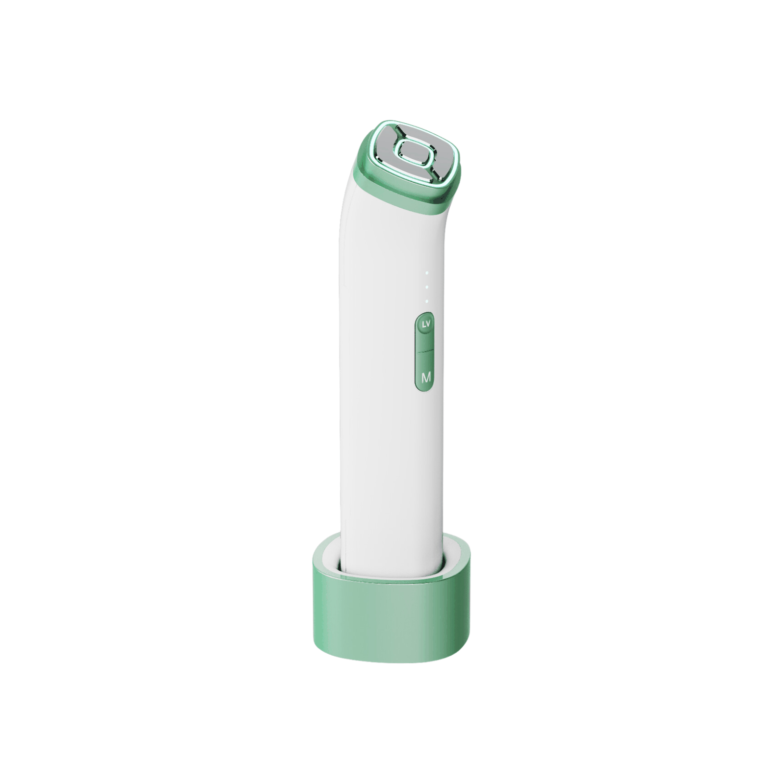 CareMe Pro hand-held skincare device with ultrasonic, radio frequency, and LED light therapy in white and green design.