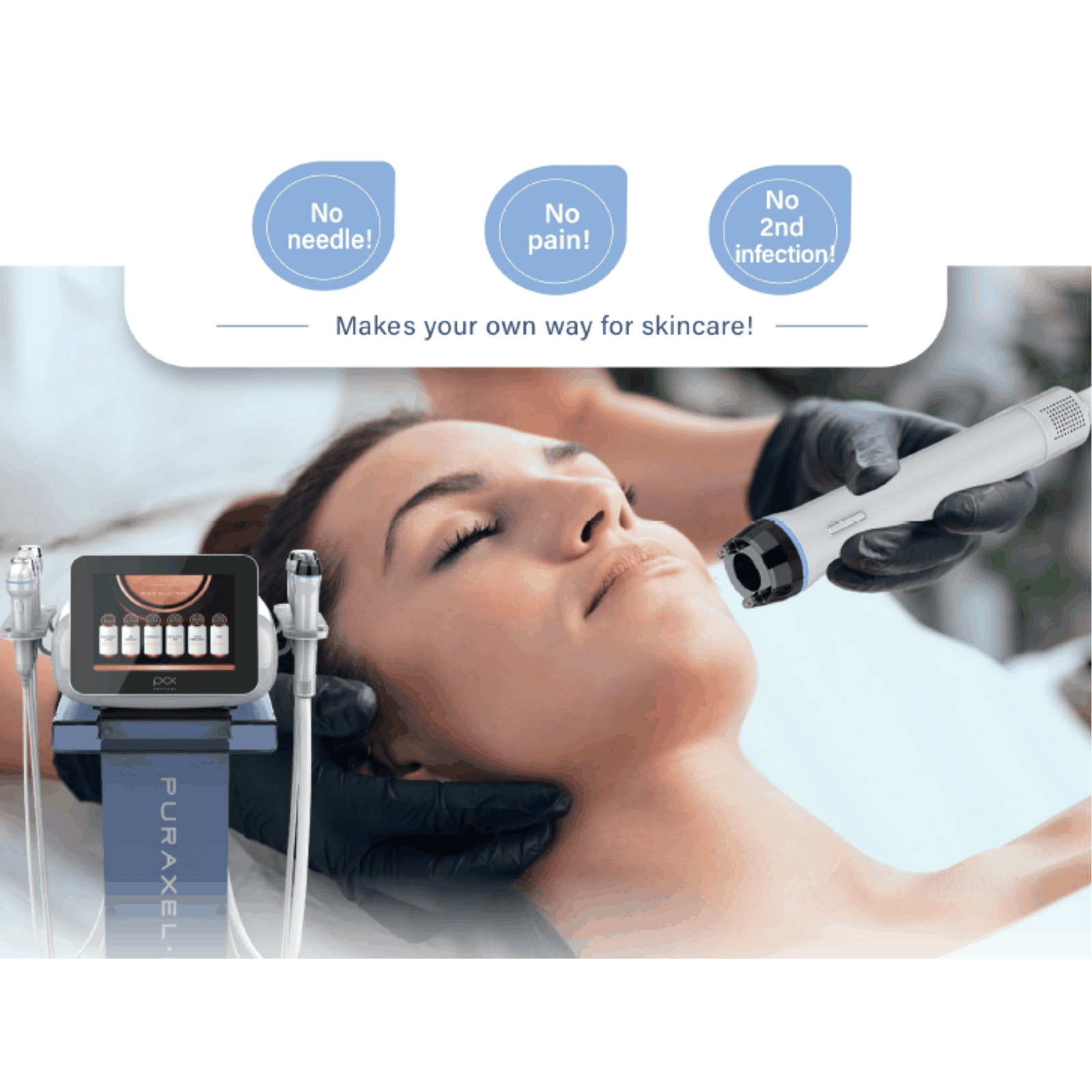 PURAXEL MX professional beauty device performing painless, needle-free facial skincare treatment with advanced technology.