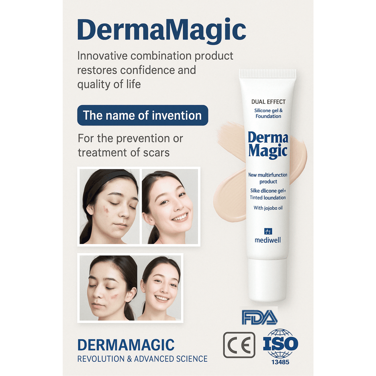 DERMAMAGIC FDA-cleared silicone scar gel with foundation for scar treatment and coverage, 15g tube