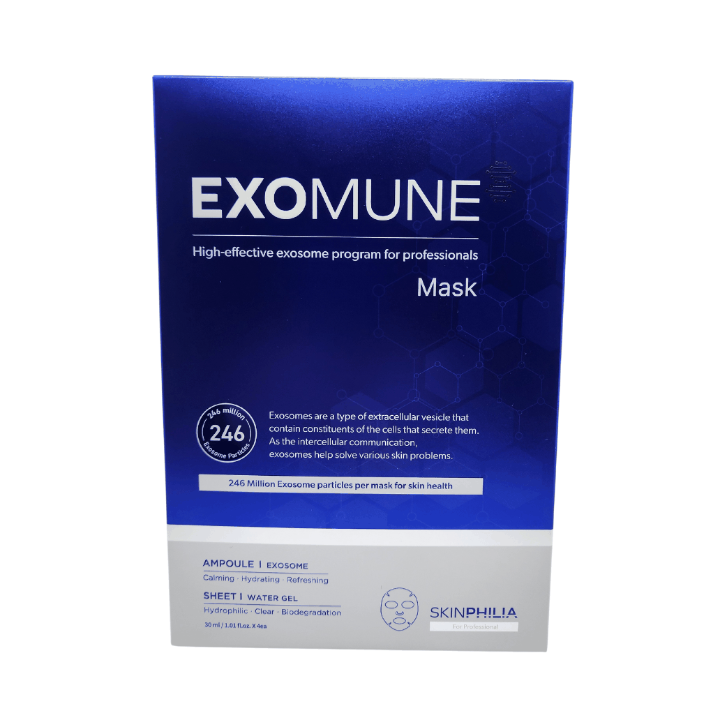 EXOMUNE Exosome Mask packaging showing premium sheet mask for skin hydration and regeneration with stem cell extracts and peptides