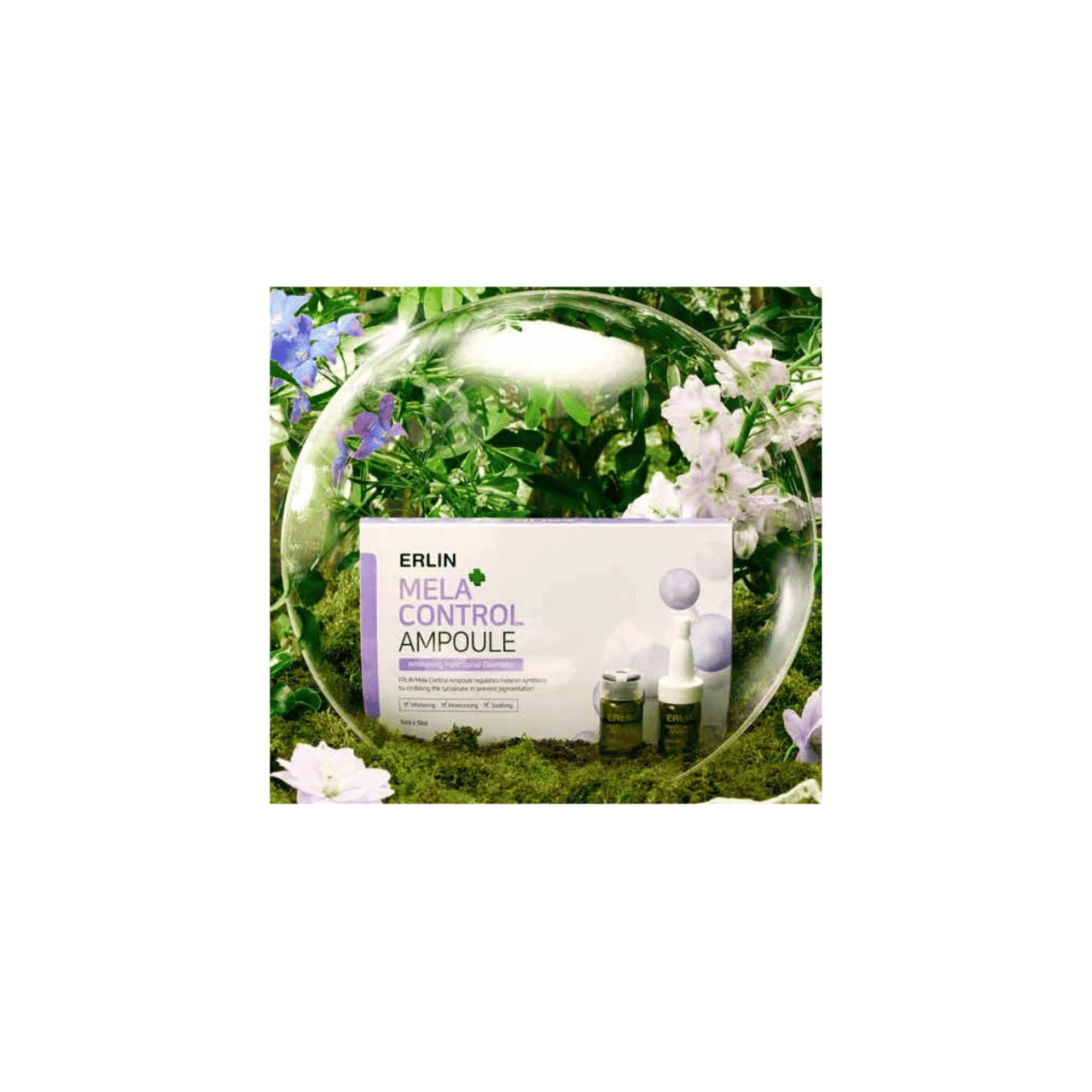 Erlin Mela Control Ampoule skincare set with anti-pigmentation serum and natural floral background