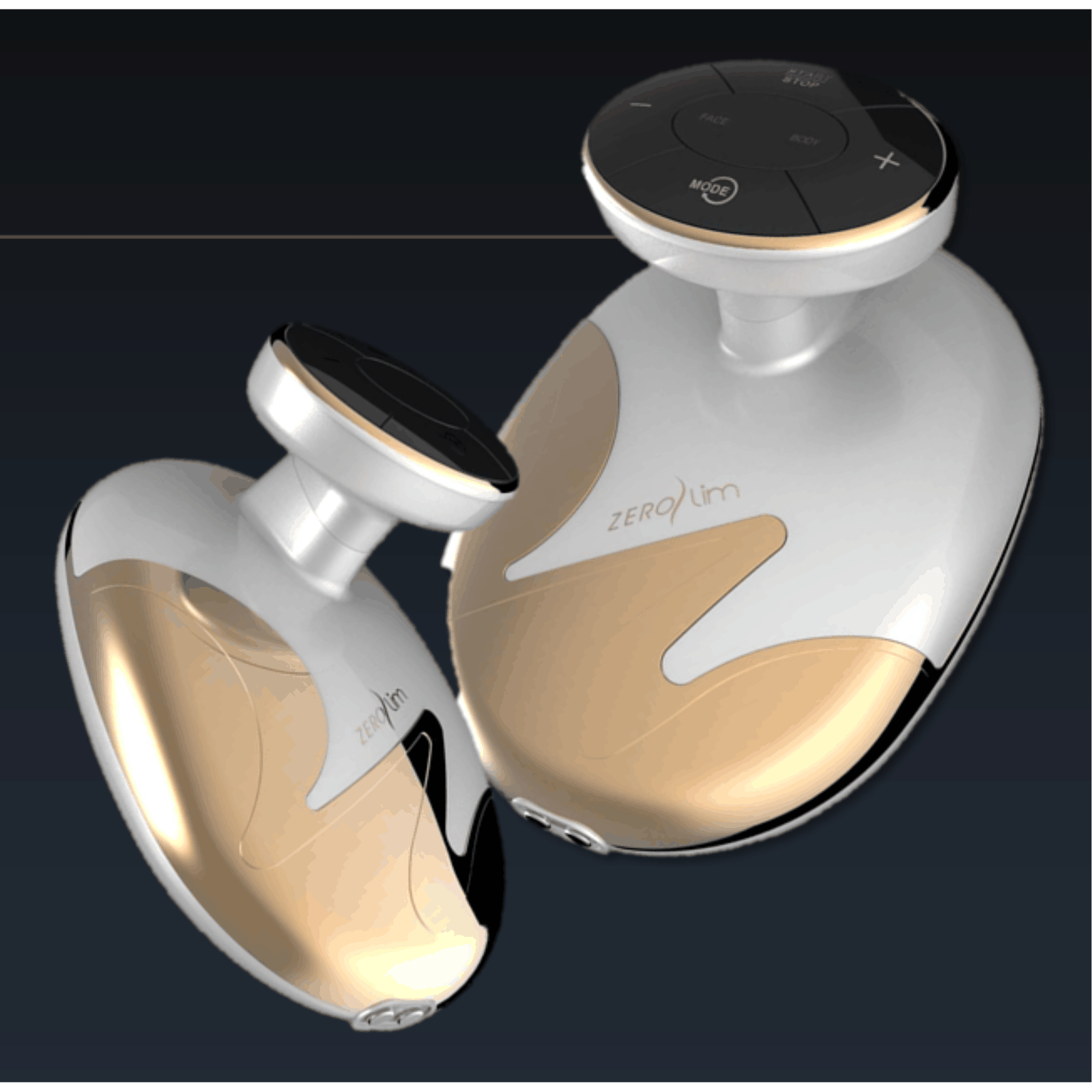 Sleek ZERO SLIM low-frequency device with gold and white design for body slimming and facial lifting using LED therapy