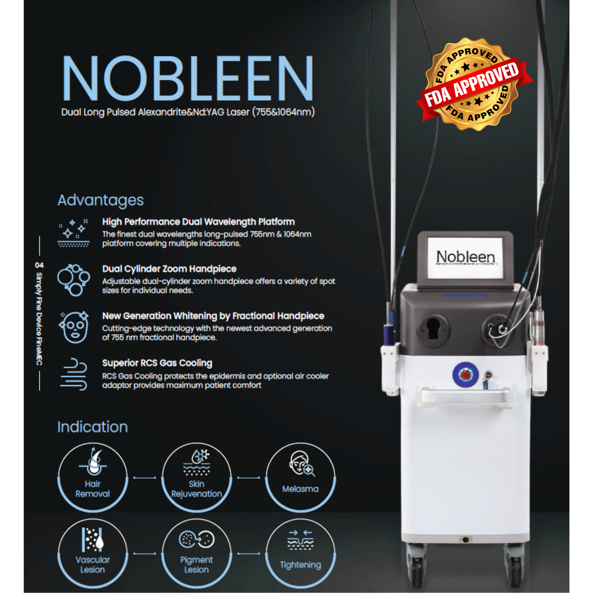 Nobleen Dual Long-Pulsed Alexandrite &amp; Nd:YAG laser system for hair removal and skin treatments with FDA approval