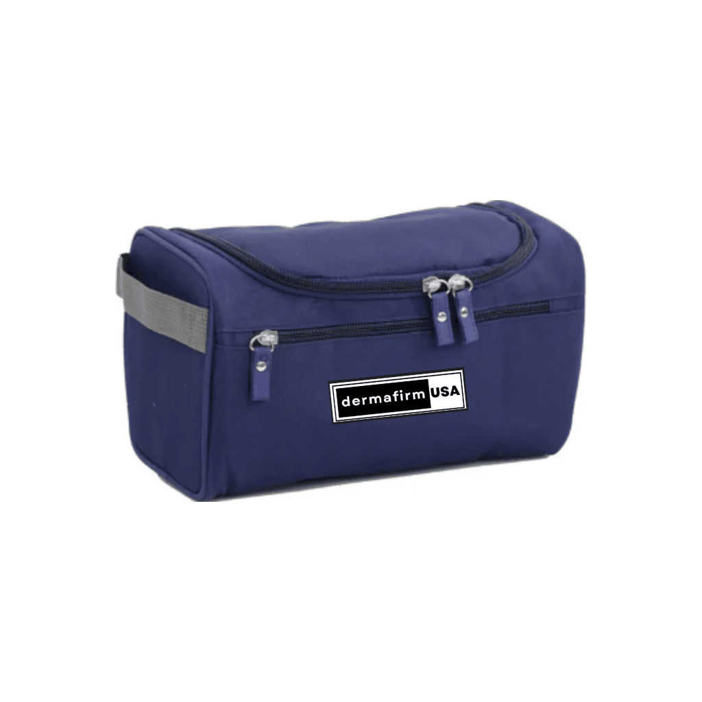Waterproof traveling toiletry bag in black with Dermafirm USA logo and multiple compartments for travel essentials