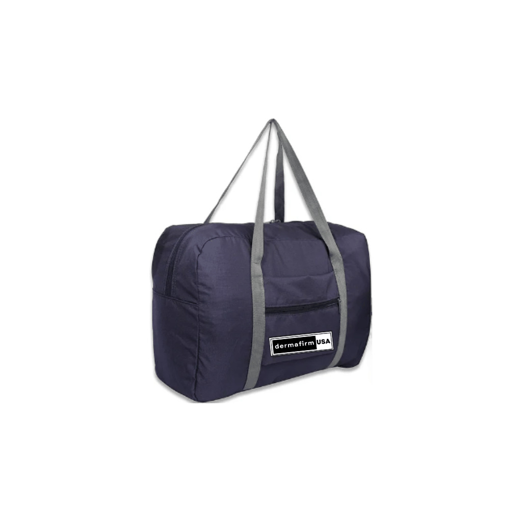 Navy blue foldable travel bag with Dermafirm USA logo, lightweight duffel for carrying and weekend trips