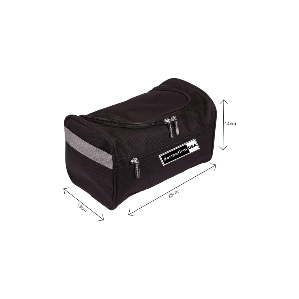Waterproof traveling toiletry bag in black with Dermafirm USA logo and multiple compartments for travel essentials