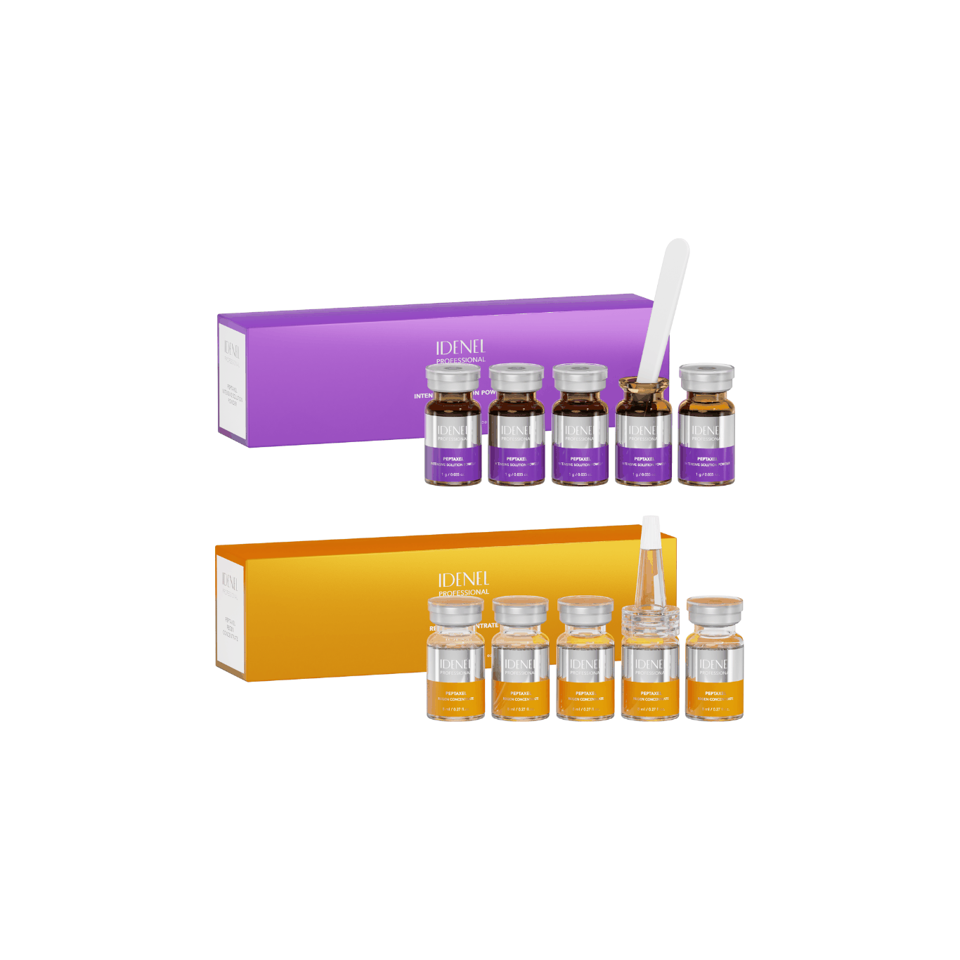 IDENEL PEPTAXEL skincare set with 5 purple anti-aging and 5 orange regeneration vials for needle-free skin rejuvenation and collagen boost