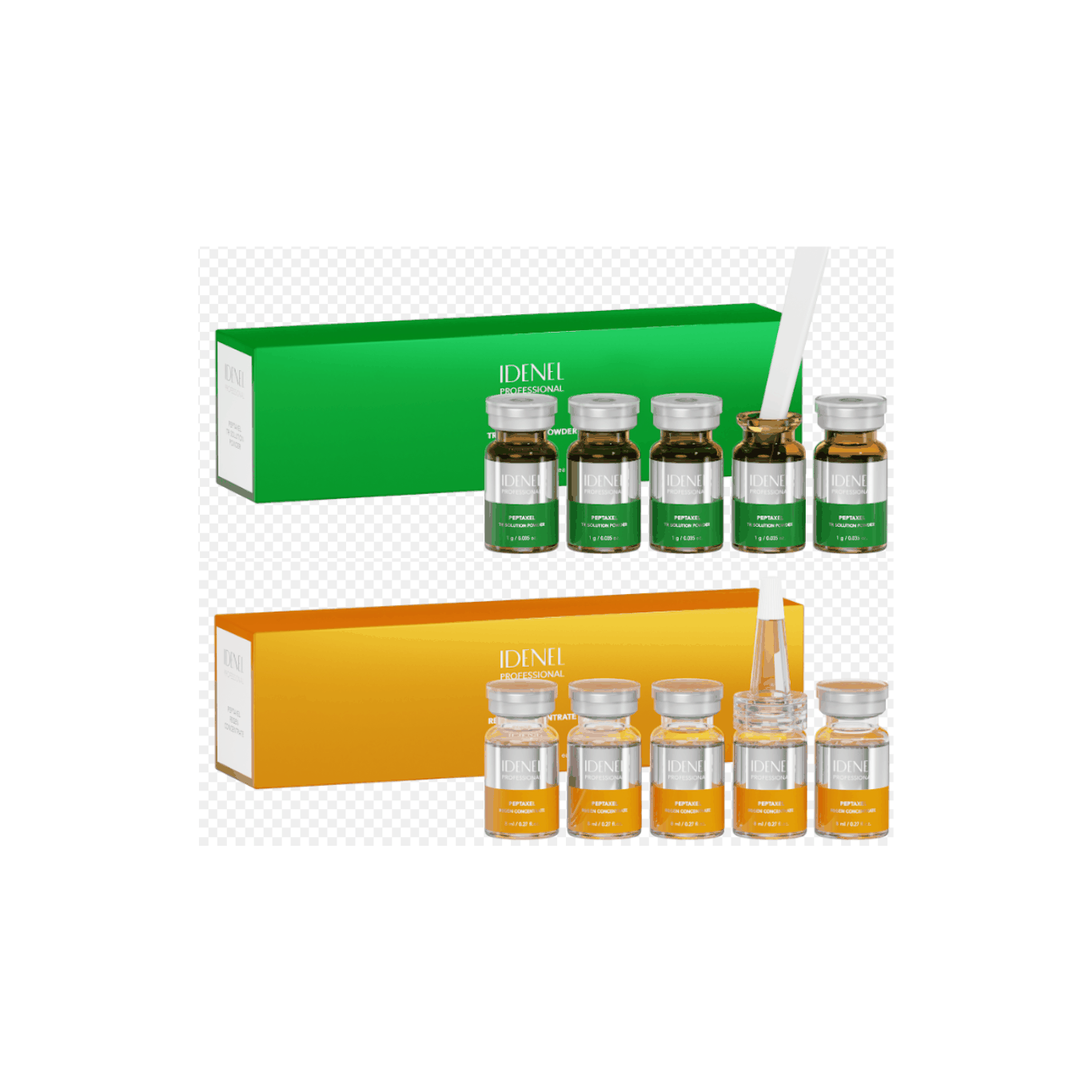 IDENEL PEPTAXEL Trouble Solution Powder green vials and Regenerative Concentrate orange vials skincare set for advanced skin rejuvenation