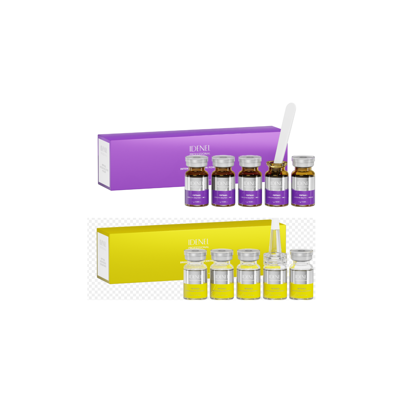 IDENEL - PEPTAXEL (Anti-aging "Purple" + Brightening "Yellow" Package: 10 Vials - 5 Vials of 1g + 5 Vials of 8ml)