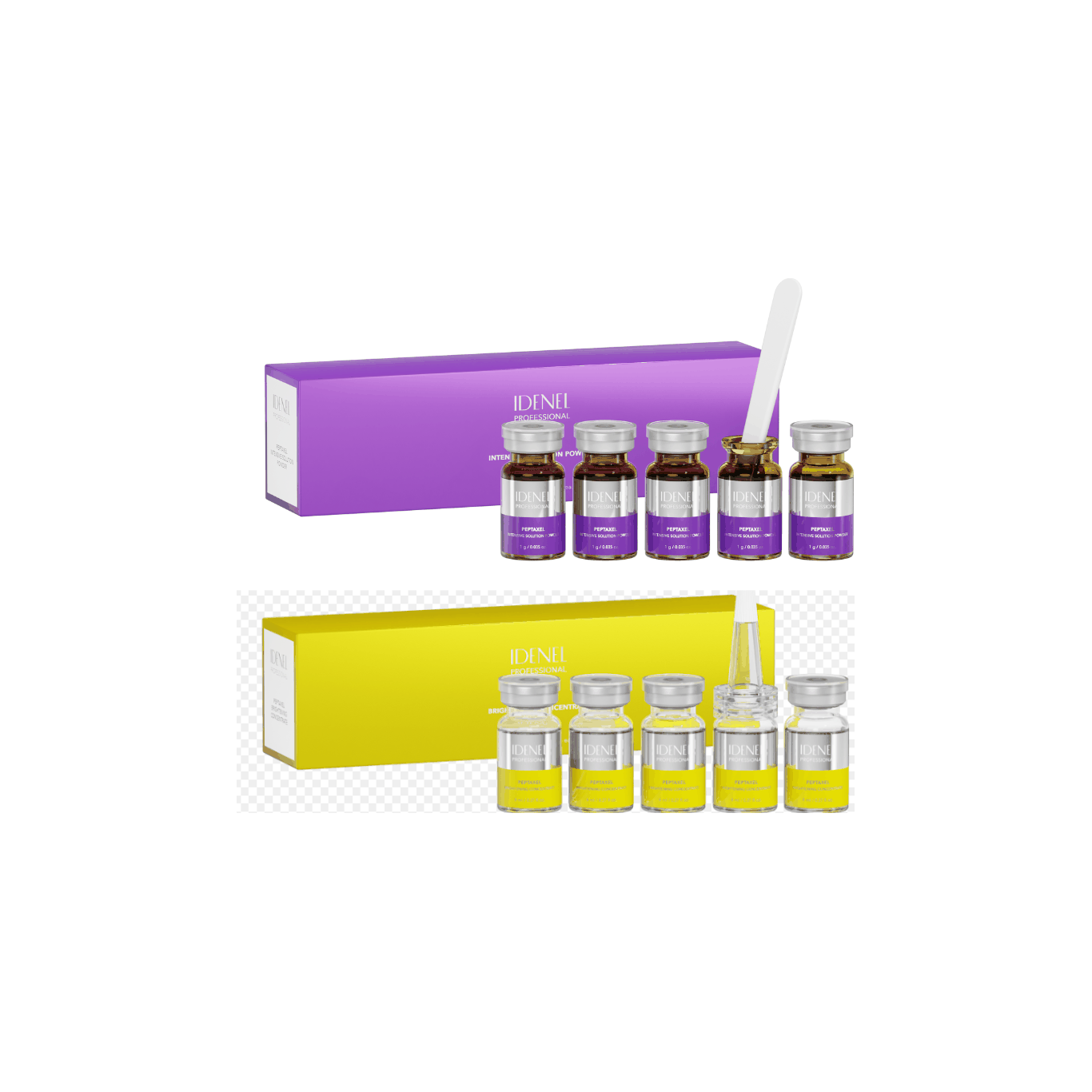 IDENEL PEPTAXEL anti-aging and brightening skincare vials set with purple and yellow packaging for advanced skin rejuvenation and repair