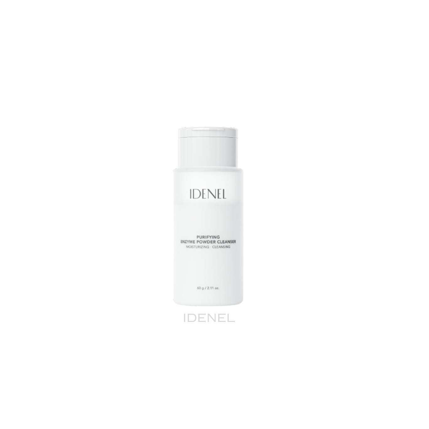 IDENEL Purifying Enzyme Powder Cleanser bottle, gentle exfoliating powder cleanser with papain, ceramide complex, and hyaluronic acid for hydrated, smooth skin, 60g
