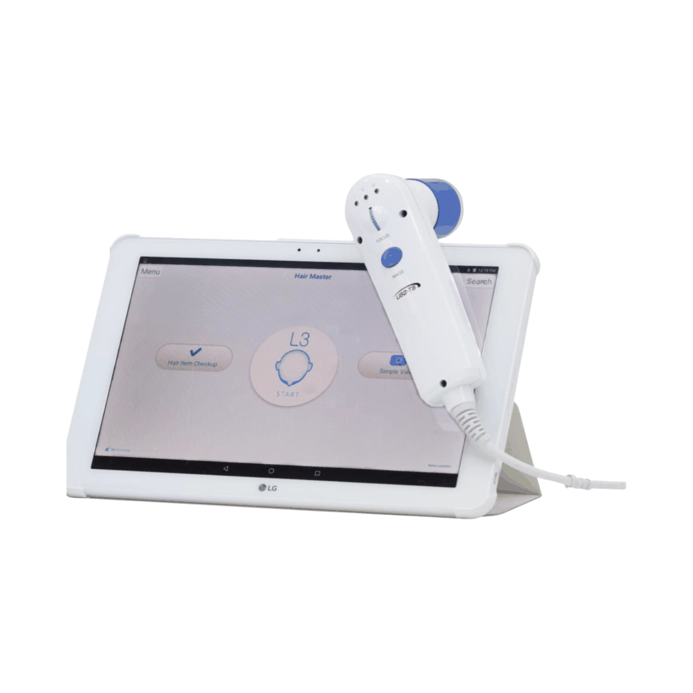 KT ScopePro L3 scalp, hair, and skin analyzer device with TN lens connected to tablet running diagnostic app