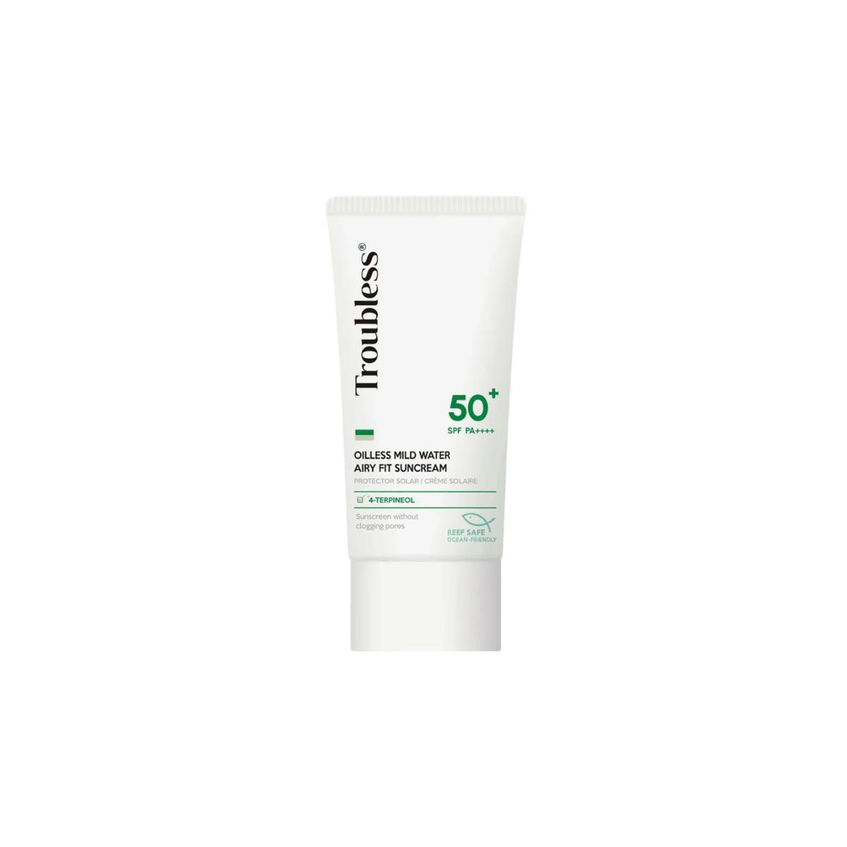 Troubless Water-Glow Sunscreen SPF 50+ PA++++ in 77ml tube for acne-prone skin, lightweight and non-sticky with UV protection.