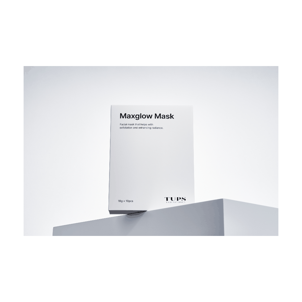 TUPS High Performance Maxglow Mask box with 18g x 10 facial peel-off masks for exfoliation and radiant skin.