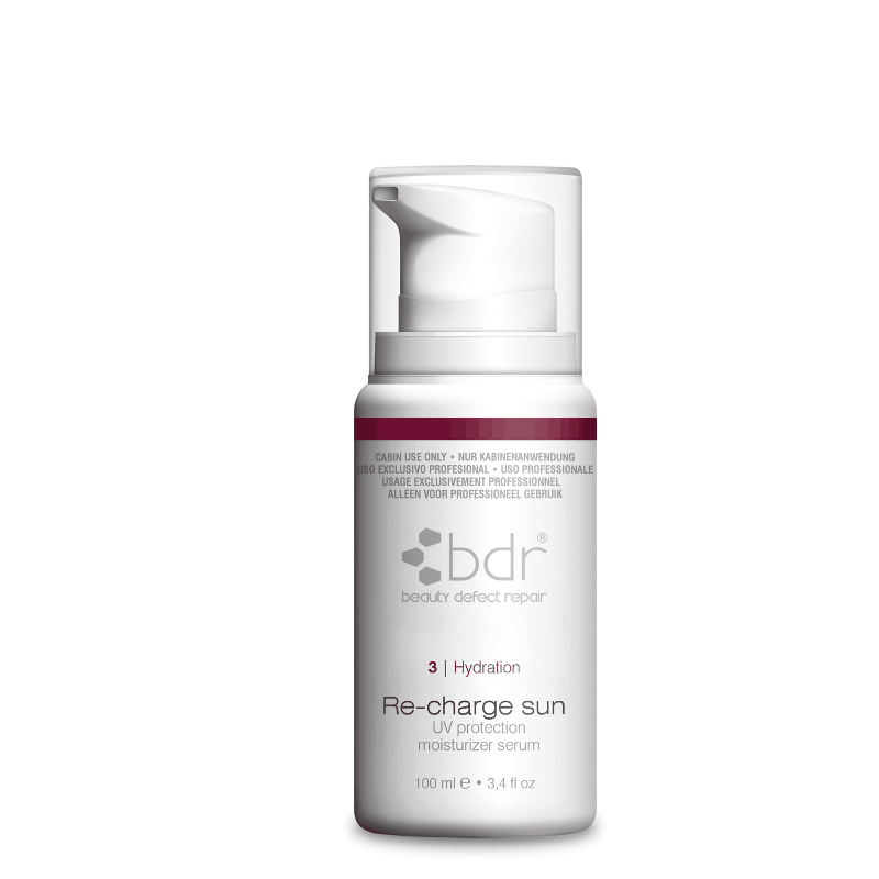 Re-Charge Sun Serum SPF 30 bottle with UV protection and hydration benefits, 100ml packaging