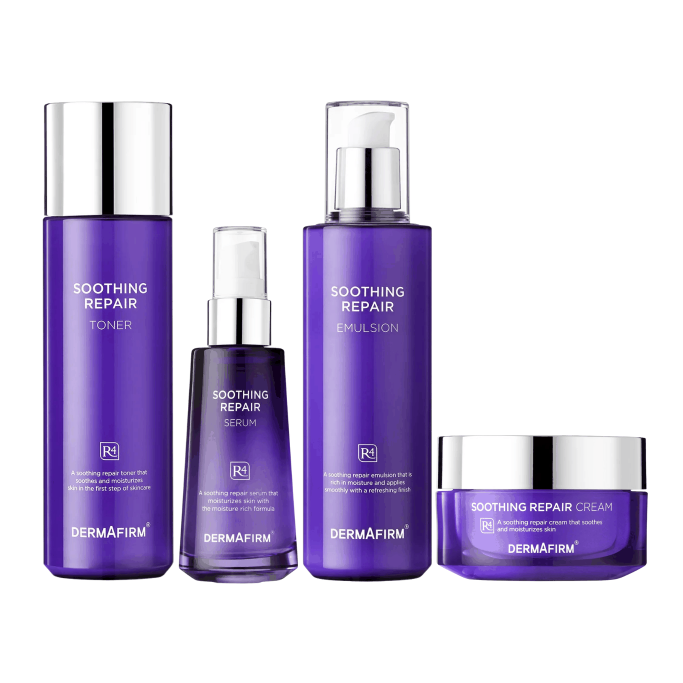 Dermafirm Soothing Repair R4 Calming Recovery skincare set with toner, serum, emulsion, and cream for sensitive skin repair